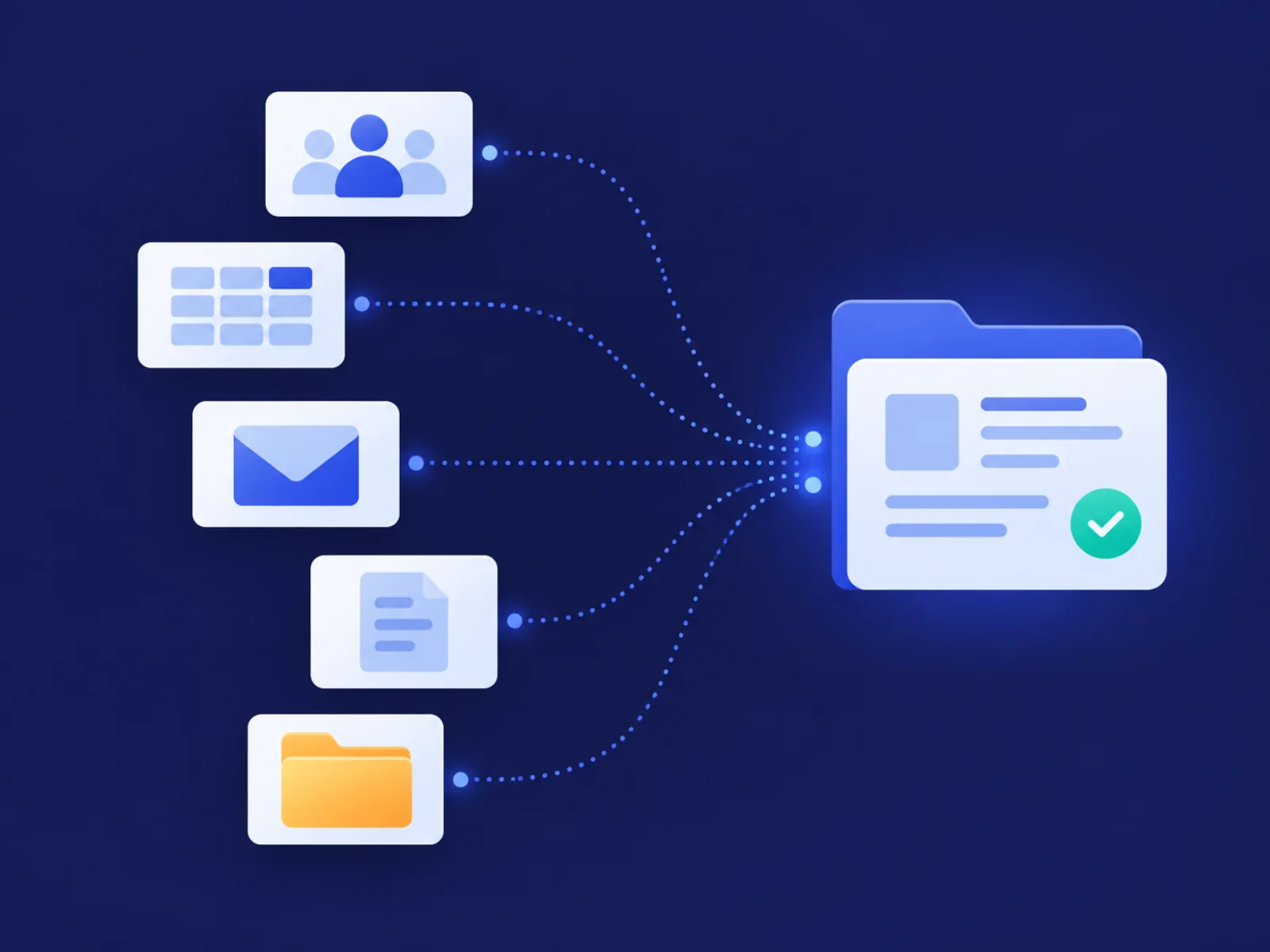 Illustration of scattered team, email, document and folder records connecting to one export order.
